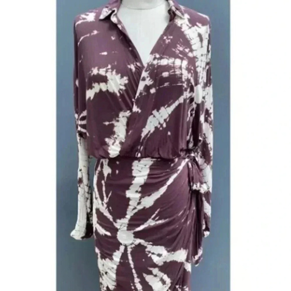 YOUNG FABULOUS & BROKE "RAINE" RAISIN STARBURST WASH WRAP DRESS SIZE small - Picture 1 of 4